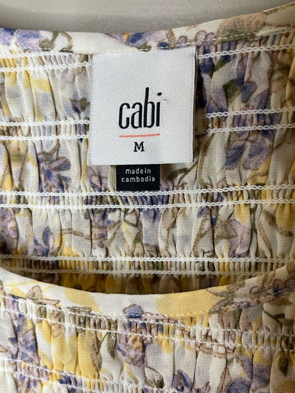 CAbi Floral Smocked Peplum Blouse in Cream, Yellow & Purple Sz M - Picture 4 of 6